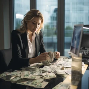 A_businesswoman_counts_EURO_banknotes_on_her_desk