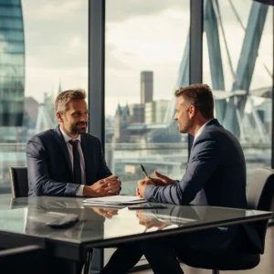 A_negotiation_professional_sits_opposite_a_businessman